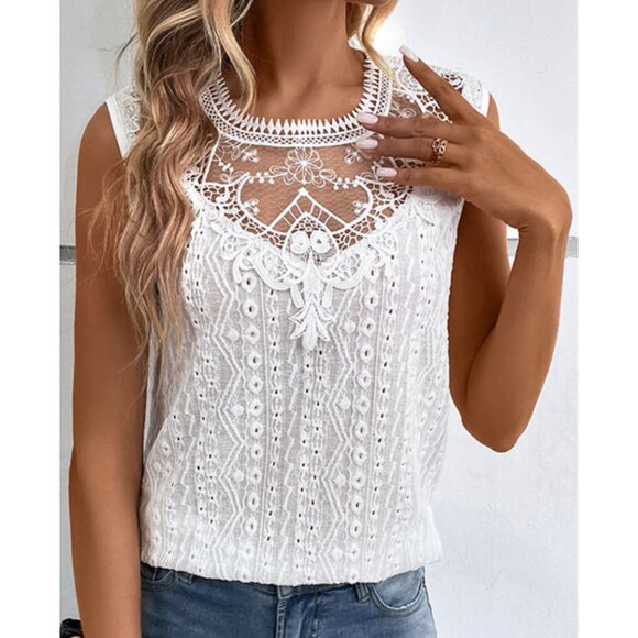 White Boho Embroidered Lace Knit Tunic Tank Top Cut Out Sleeveless Shirt Blouse - Picture 2 of 6